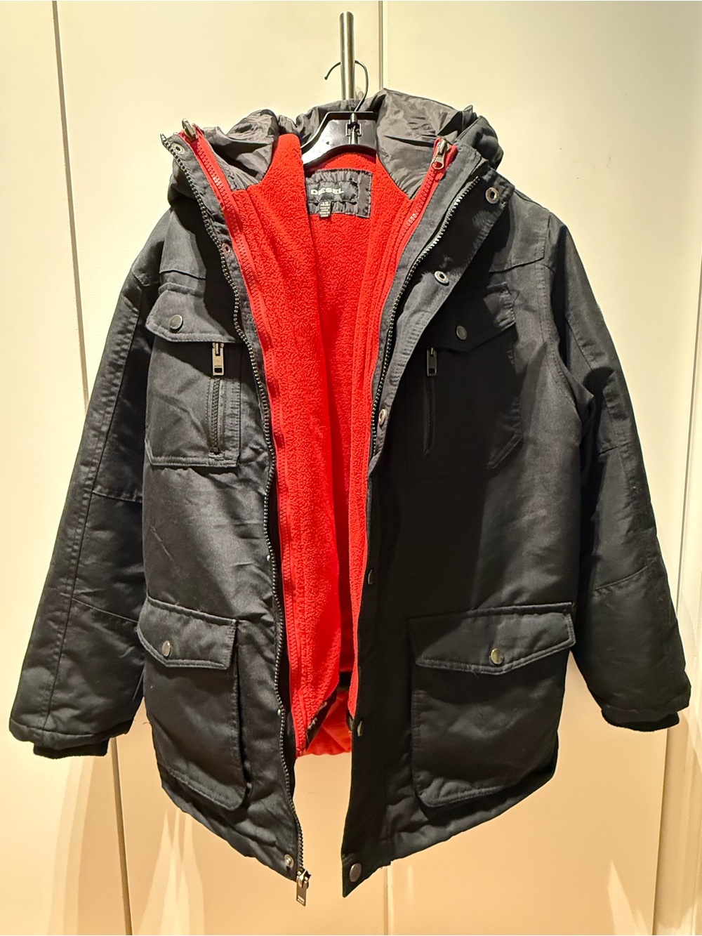 Diesel Kids Black Puffer Jacket with Red Fleece Liner and vest sizeL 14/16 youth